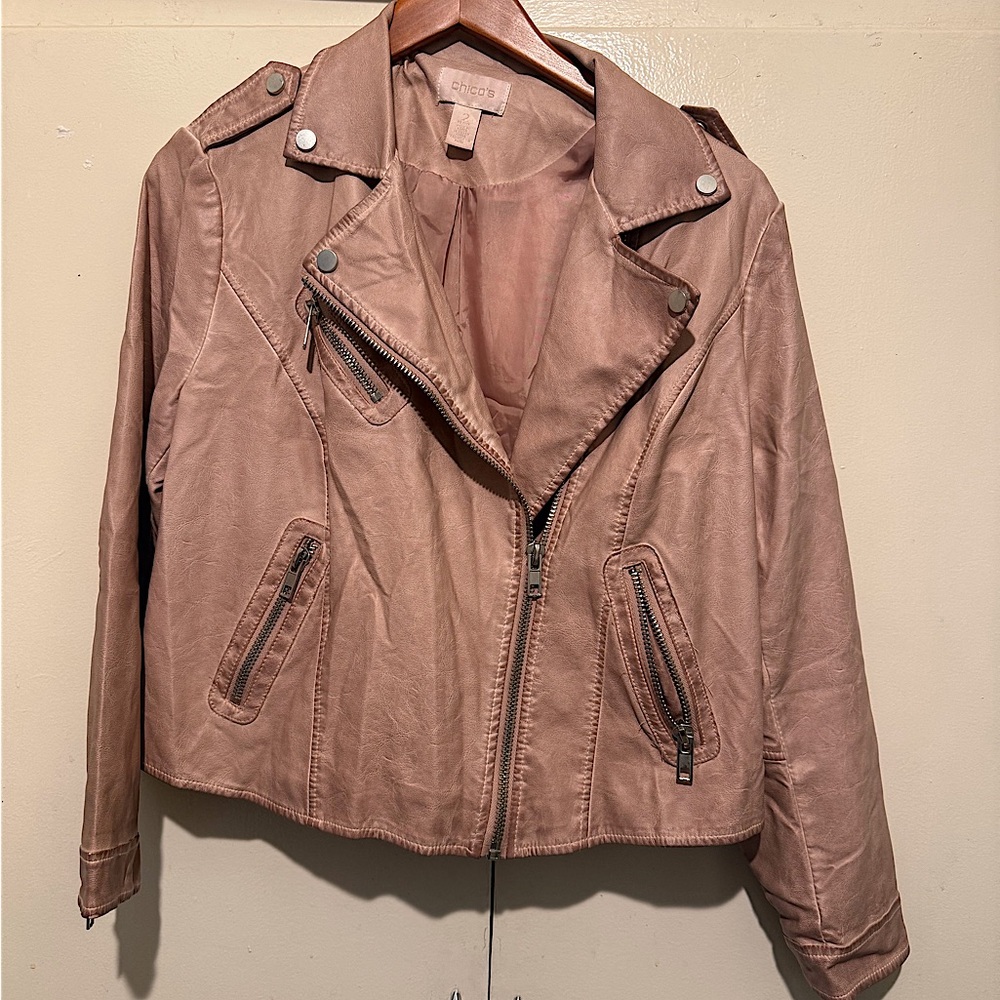 Chic Distressed Pink Faux Leather Jacket